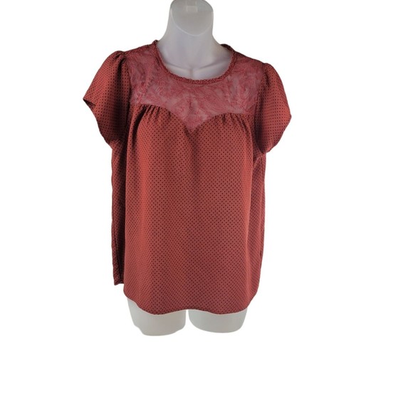 Sweet Wanderer Womens Top Sz M Terracotta Dots Short Cap Sleeve Lace - Picture 1 of 16